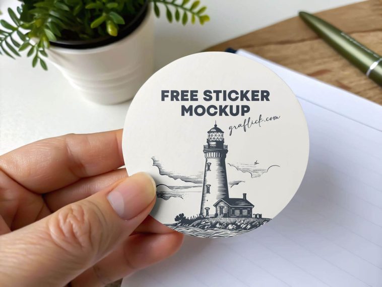 Free Hand Holding Round Sticker Mockup PSD