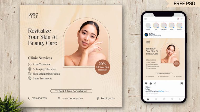 Free Skin Beauty Clinic Services Social Media Post Design PSD Template