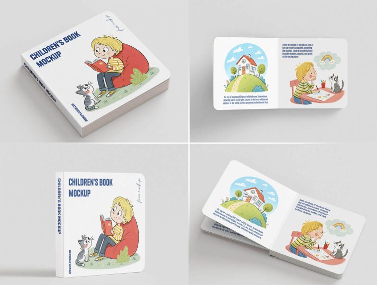 7 Free Softcover Square Children’s Book Mockup PSD Files