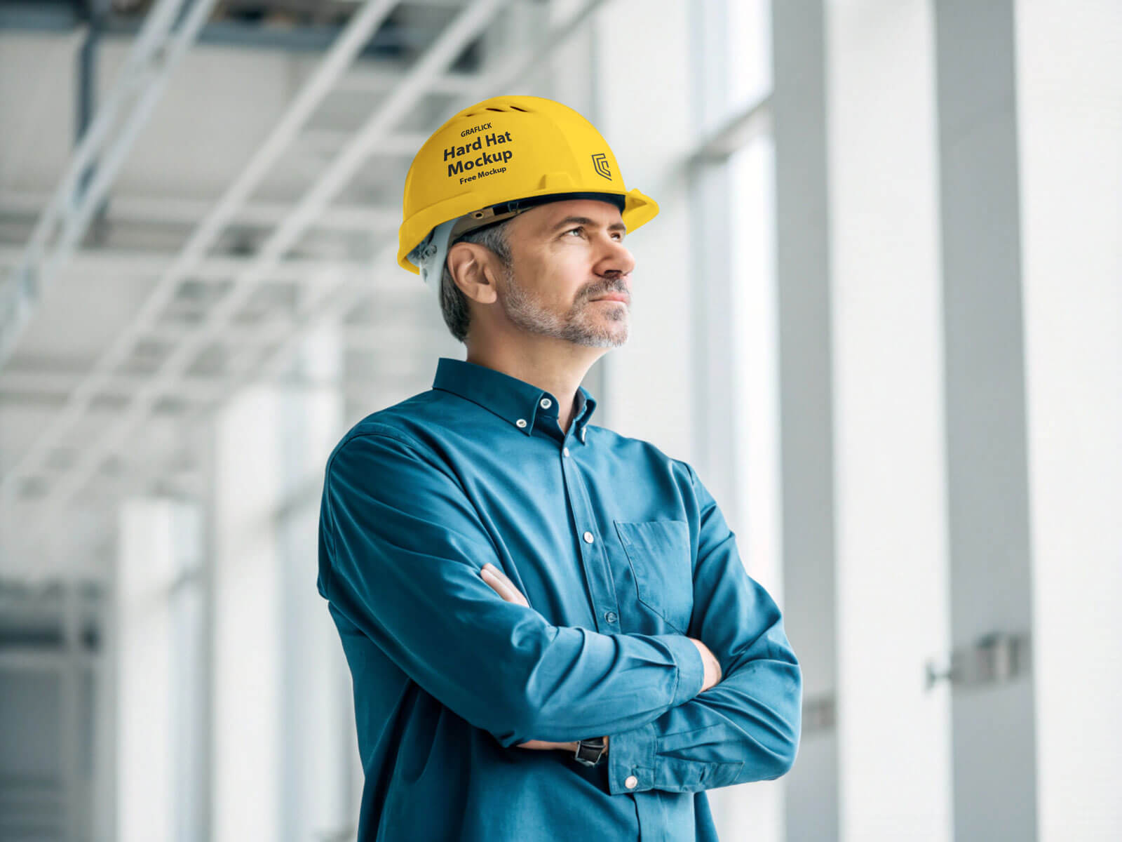 Free Man Wearing Construction Hard Hat Mockup PSD