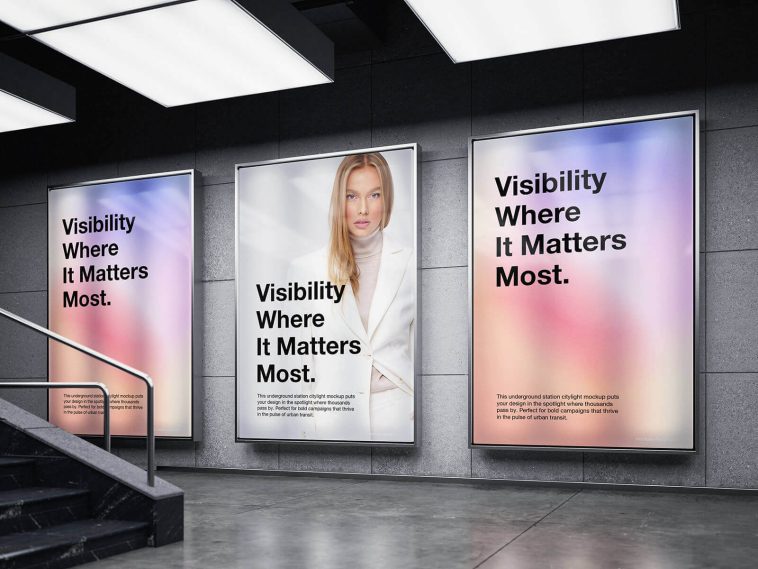 Free Large Subway Citylight Backlit Poster Mockup PSD Set