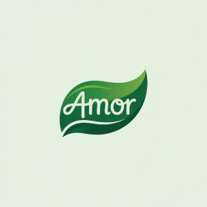 Minimalist Amor logo featuring green leaf with gradient, flowing script text, and cream background symbolizing natural supplements.