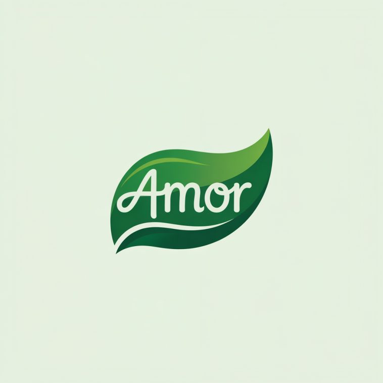 Minimalist Amor logo featuring green leaf with gradient, flowing script text, and cream background symbolizing natural supplements.