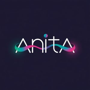 Anita logo featuring modern sans-serif typography with a flowing connection between the "i" and "a", in a vibrant teal and magenta gradient on a deep charcoal grey background with glowing edges.