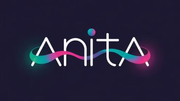 Anita logo featuring modern sans-serif typography with a flowing connection between the "i" and "a", in a vibrant teal and magenta gradient on a deep charcoal grey background with glowing edges.