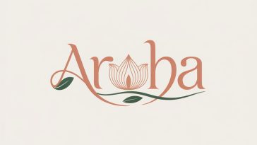 Aroha logo with terracotta script, gold lotus flower, and green leaves on off-white background.