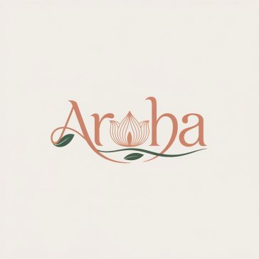 Aroha logo with terracotta script, gold lotus flower, and green leaves on off-white background.