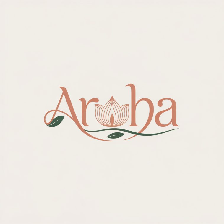 Aroha logo with terracotta script, gold lotus flower, and green leaves on off-white background.