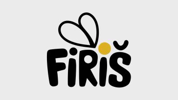 Minimalist FIRIŞ logo with bee-inspired typography, stylized antenna 'I', bee sting detail, and rounded wings in black and yellow on white background.