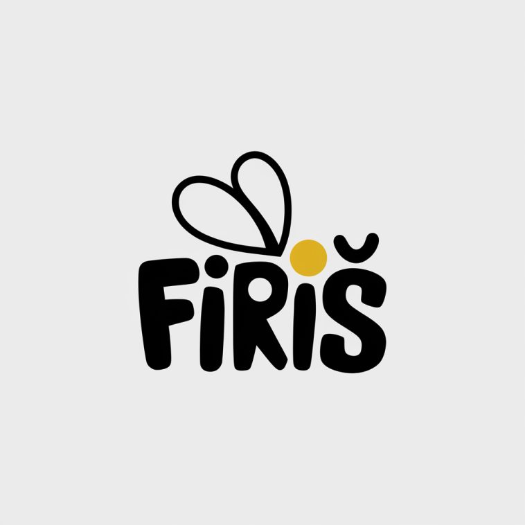 Minimalist FIRIŞ logo with bee-inspired typography, stylized antenna 'I', bee sting detail, and rounded wings in black and yellow on white background.