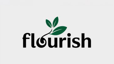 Minimalist black and white Flourish logo with stylized seedling 'F', green leaves, and horizontal line on white background.
