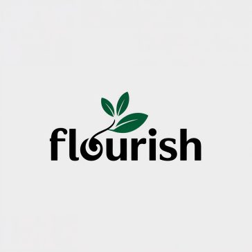 Minimalist black and white Flourish logo with stylized seedling 'F', green leaves, and horizontal line on white background.
