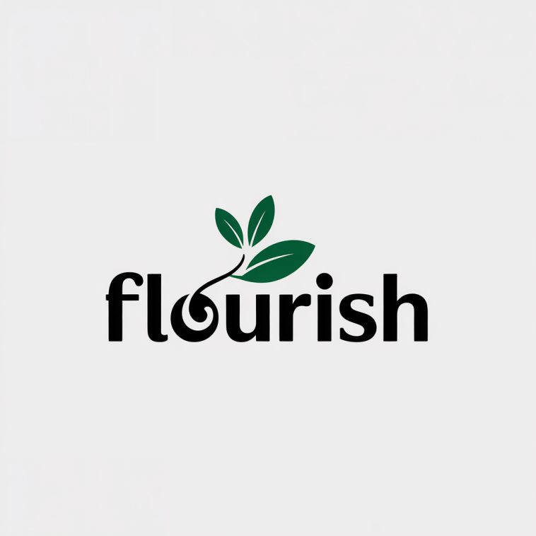 Minimalist black and white Flourish logo with stylized seedling 'F', green leaves, and horizontal line on white background.