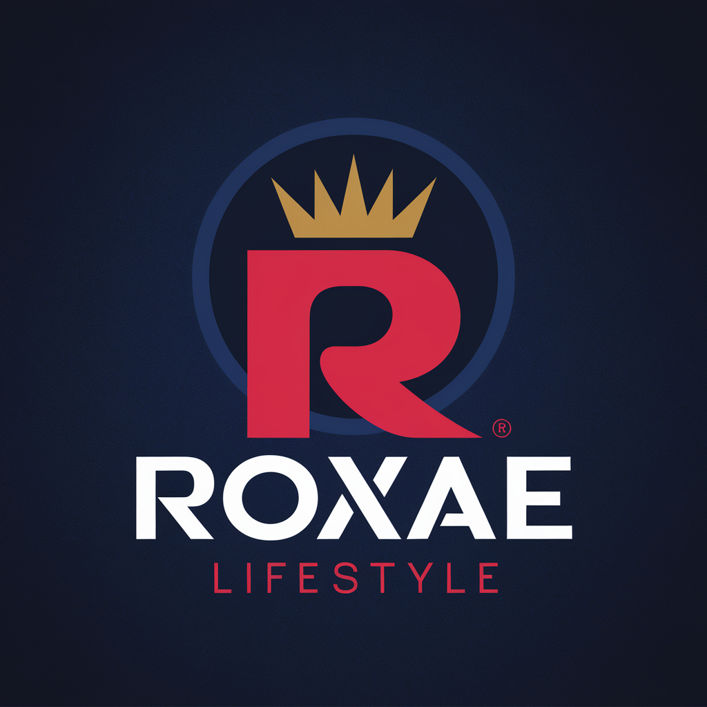 Minimalist logo with red "R" and gold crown on dark blue background, white "Lifestyle" text in modern sans-serif font