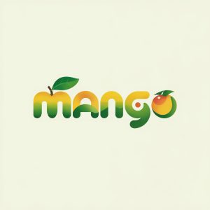 Flat vector Mango wordmark logo with mango-shaped letter M, green leaf detail, yellow-green gradient, and white background.