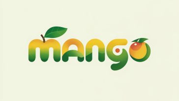 Flat vector Mango wordmark logo with mango-shaped letter M, green leaf detail, yellow-green gradient, and white background.
