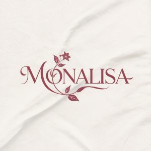 Monalisa logo with elegant deep burgundy serif text interwoven with a delicate jasmine flower vine on a textured parchment background for a luxury women's fashion brand.