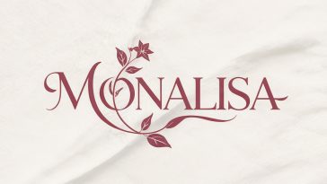 Monalisa logo with elegant deep burgundy serif text interwoven with a delicate jasmine flower vine on a textured parchment background for a luxury women's fashion brand.