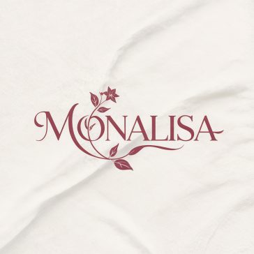 Monalisa logo with elegant deep burgundy serif text interwoven with a delicate jasmine flower vine on a textured parchment background for a luxury women's fashion brand.