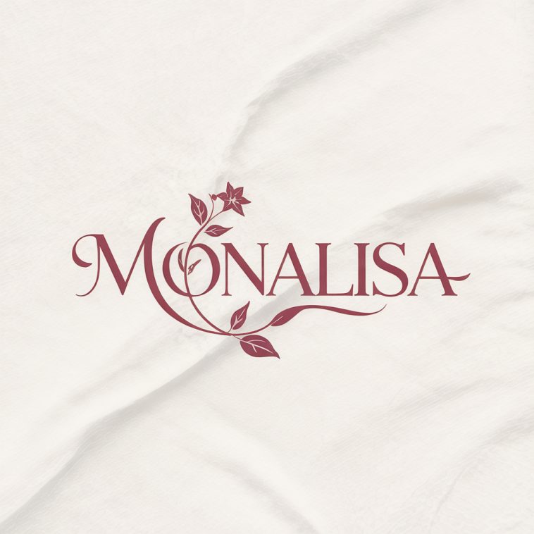 Monalisa logo with elegant deep burgundy serif text interwoven with a delicate jasmine flower vine on a textured parchment background for a luxury women's fashion brand.