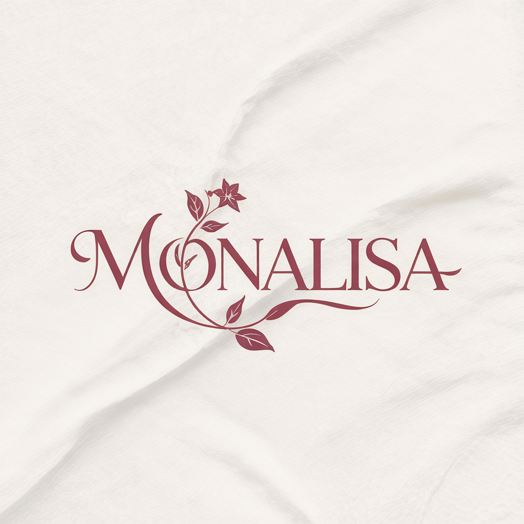 Monalisa logo with elegant deep burgundy serif text interwoven with a delicate jasmine flower vine on a textured parchment background for a luxury women's fashion brand.