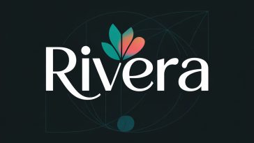 Modern Rivera logo featuring teal and coral gradient text, floral and leaf accents, on a charcoal gray background with subtle geometric patterns.