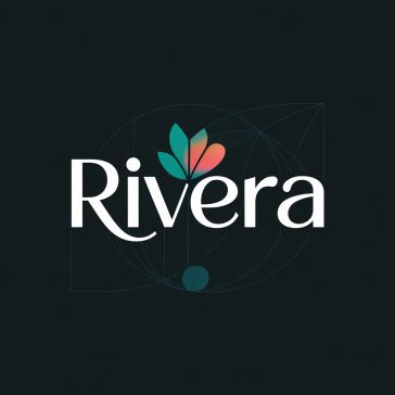 Modern Rivera logo featuring teal and coral gradient text, floral and leaf accents, on a charcoal gray background with subtle geometric patterns.