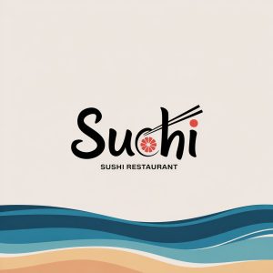 SUCHI sushi restaurant logo featuring elegant calligraphy text with a stylized chopstick and rice grain replacing the "C", set against a deep ocean blue to sandy gradient background.