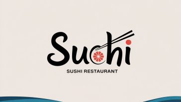 SUCHI sushi restaurant logo featuring elegant calligraphy text with a stylized chopstick and rice grain replacing the "C", set against a deep ocean blue to sandy gradient background.