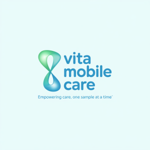 Minimalist Vita Mobile Care logo with blue sans-serif text, abstract green DNA strand, and tagline on white background.