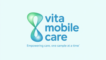 Minimalist Vita Mobile Care logo with blue sans-serif text, abstract green DNA strand, and tagline on white background.