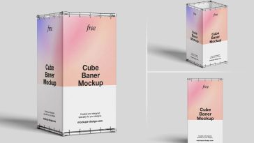 3 Free 4-Sided Cube Banner Stand Mockup PSD Files