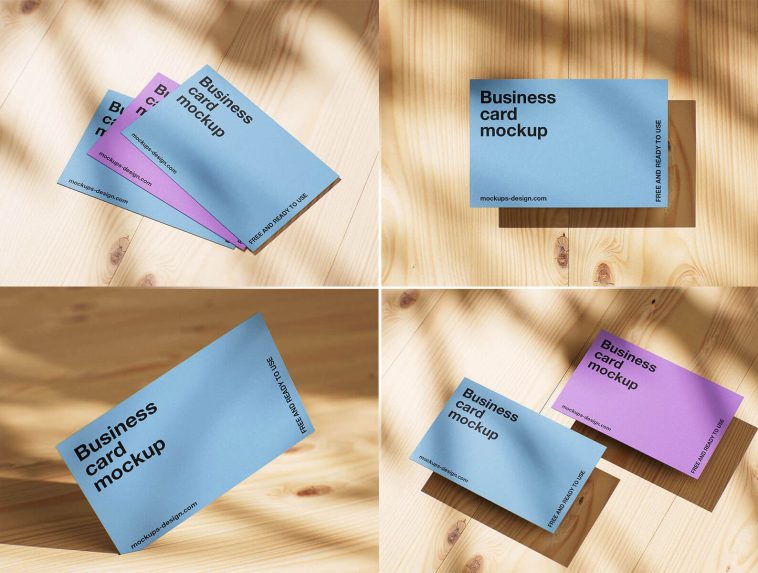 5 Free Business Cards On Wooden Planks Mockup PSD Files