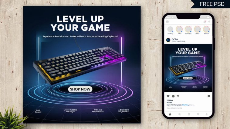 Free Gaming Keyboard Advertisement Banner PSD – RGB Backlit Design Template