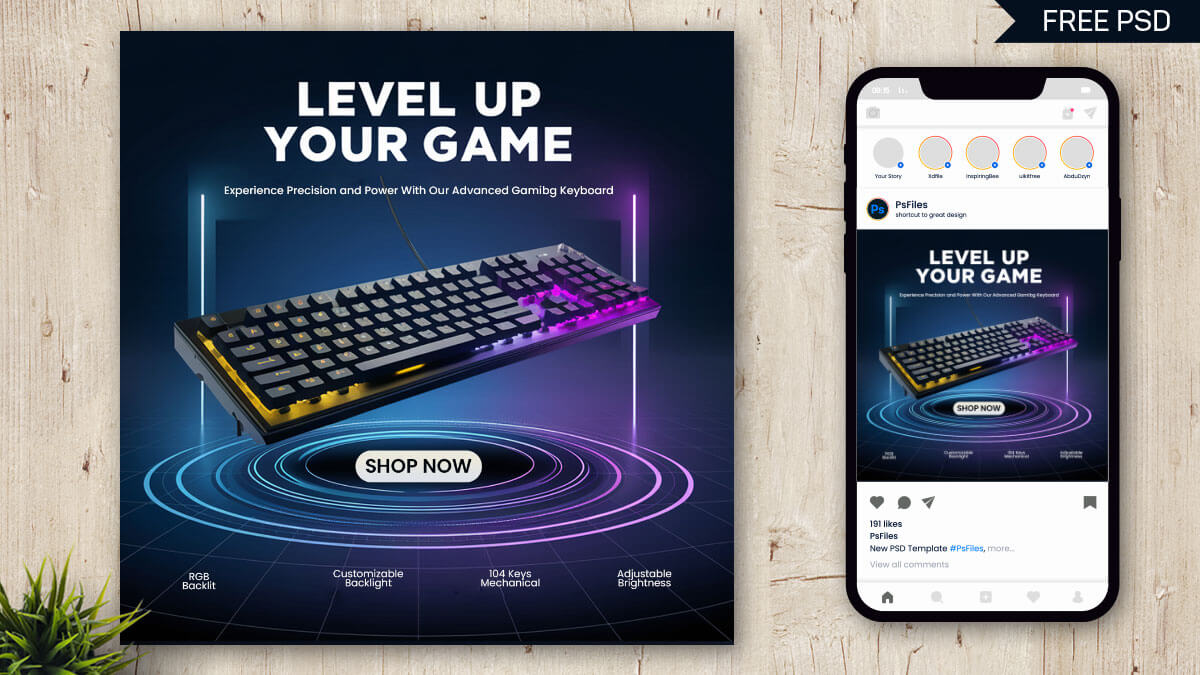 Free Gaming Keyboard Advertisement Banner PSD – RGB Backlit Design Template