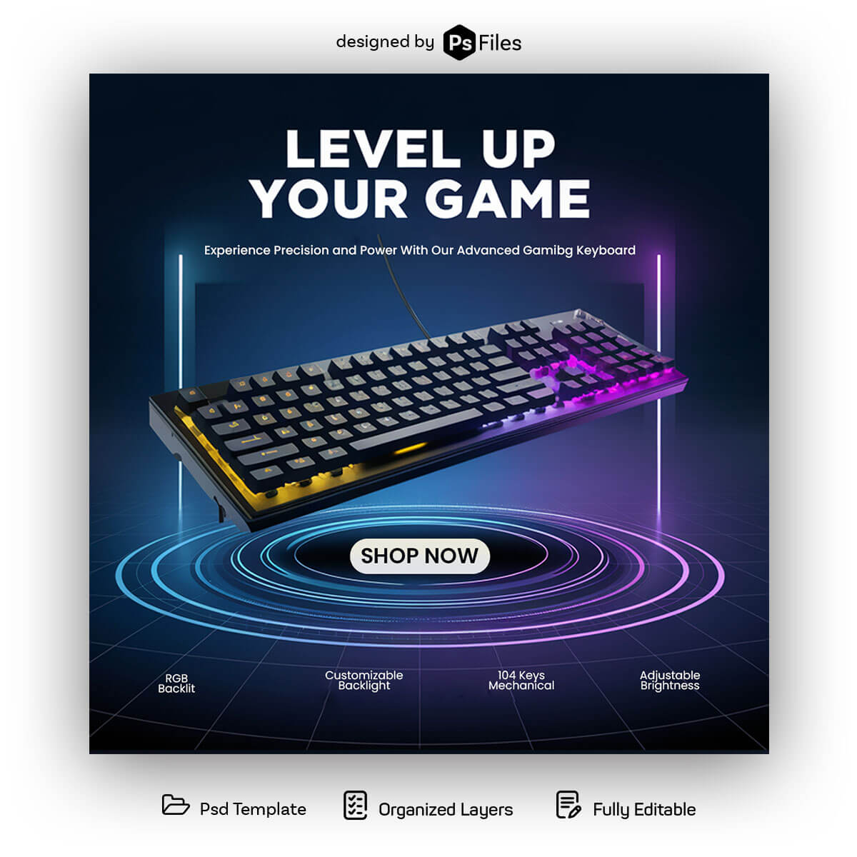 Free Gaming Keyboard Advertisement Banner PSD – RGB Backlit Design Template