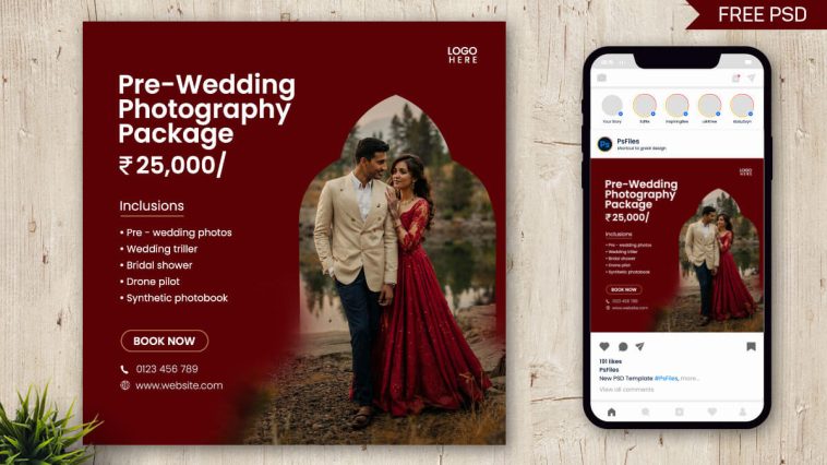 Free Pre-Wedding Photography Social Media Post PSD Template