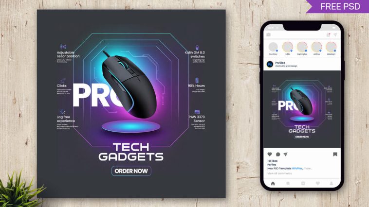 Free Pro Gaming Mouse Tech Gadgets Instagram Post Banner PSD