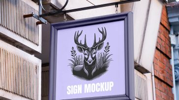 Free Square Framed Sign On Building Mockup PSD