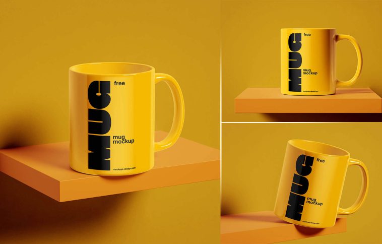Free 3 Mug On Shelf Mockup PSD