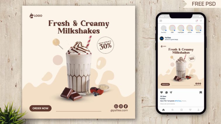 Free Fresh And Creamy Milkshakes Instagram Post PSD Template