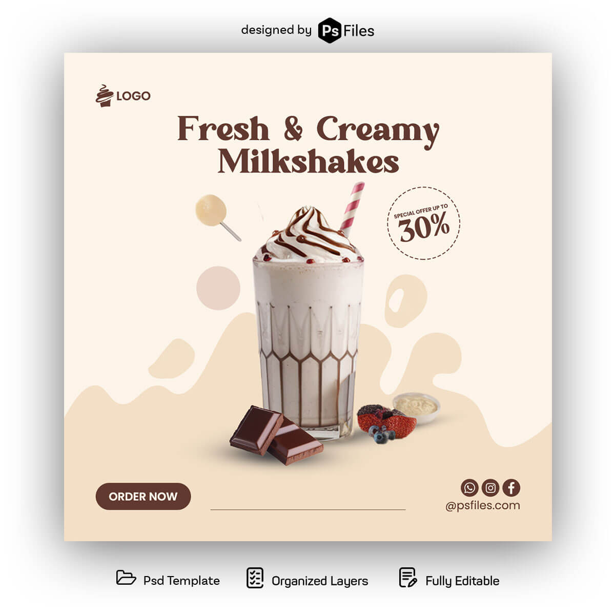 Free Fresh And Creamy Milkshakes Instagram Post PSD Template