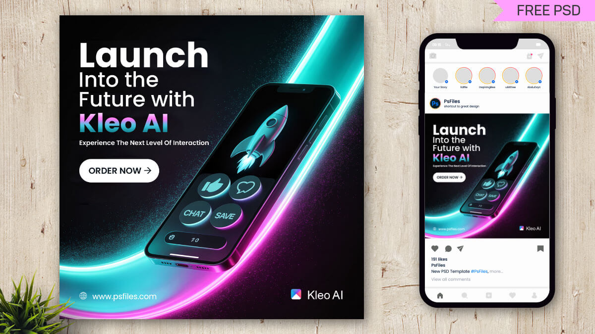 Free Futuristic Kleo AI App Promotion Social Media PSD Template