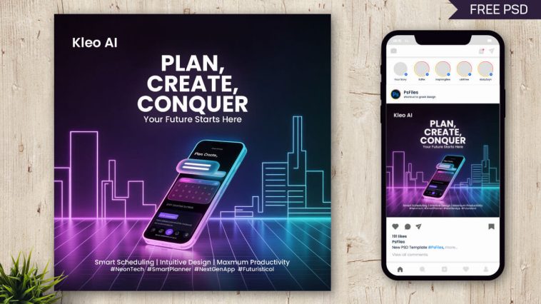 Free Futuristic Kleo AI App Promotion Social Media PSD Template