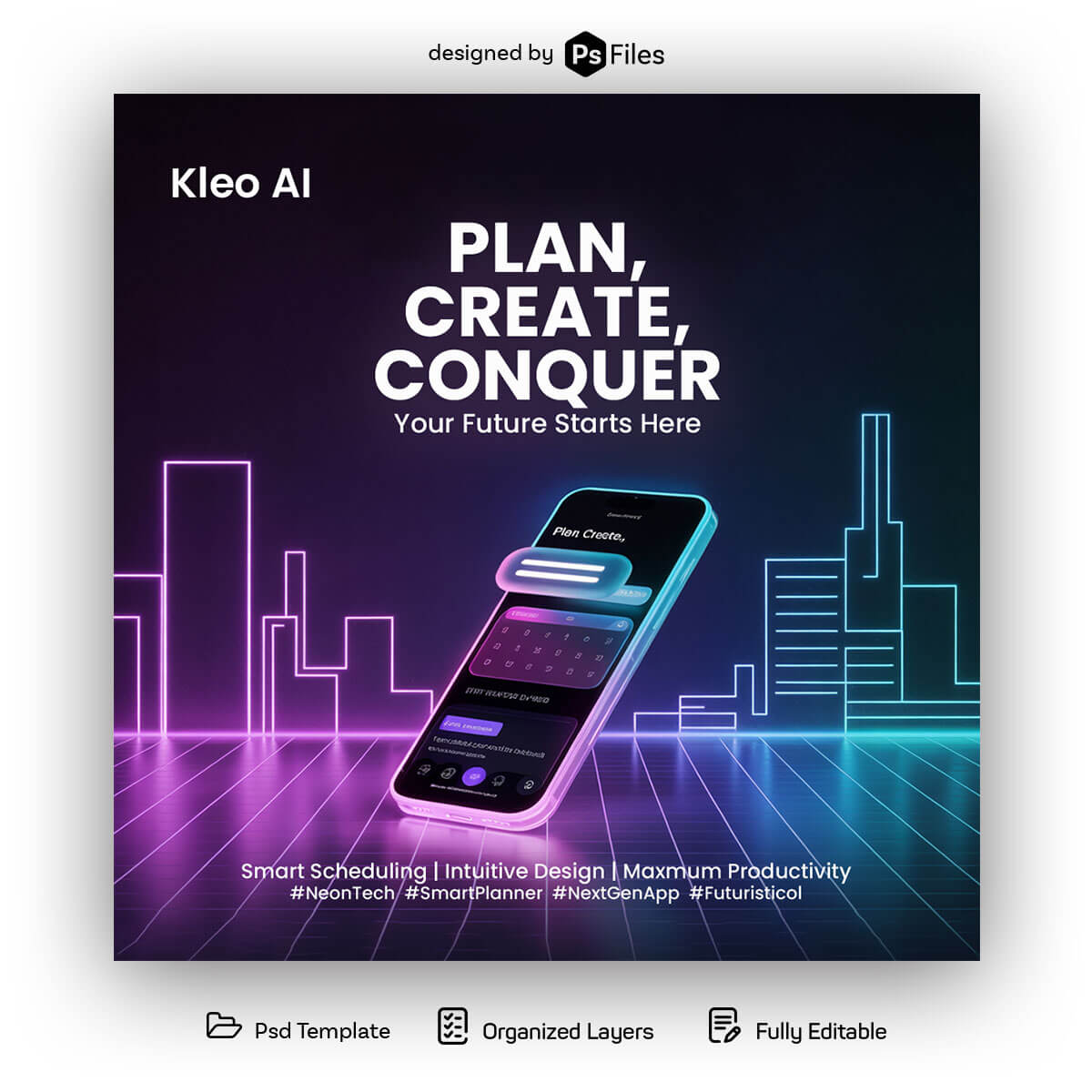 Free Futuristic Kleo AI App Promotion Social Media PSD Template