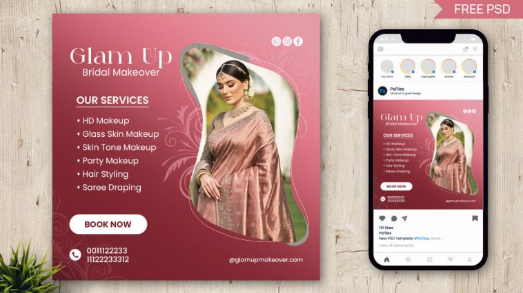 Free Glam Up Bridal Makeover Instagram Post Template PSD