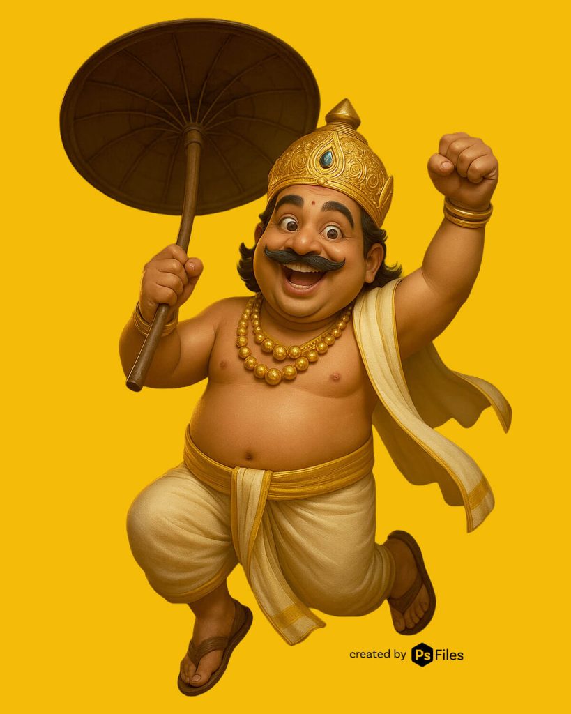 This Maveli pose with a traditional umbrella and a cheerful expression perfectly captures the festive spirit of Onam. His joyful stance makes it an excellent choice for festival greeting posters, banners, and cultural event promotions. Businesses can use this design for Onam discount sales, festive greetings, and celebration campaigns, adding a cultural and authentic touch to their brand communication.