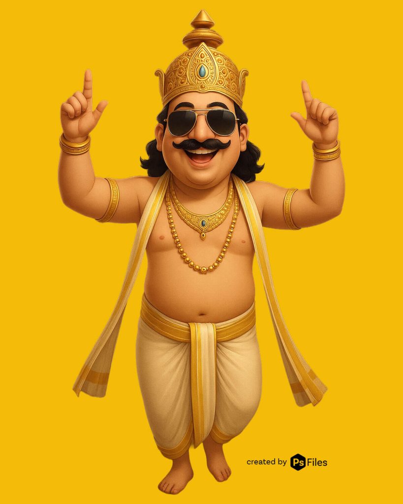 With both hands raised in excitement and a broad smile, this version of Maveli reflects fun and energy. This pose is ideal for youth-focused campaigns, entertainment events, or promotional posters for food festivals and shopping malls during Onam. It connects well with vibrant themes, creating a lively vibe for social media posts or festive advertisements.