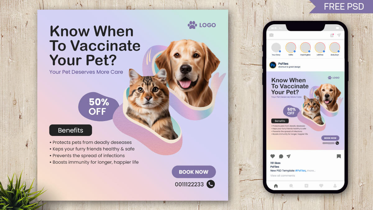 Free Pet Vaccination Awareness Social Media Post Mockup PSD
