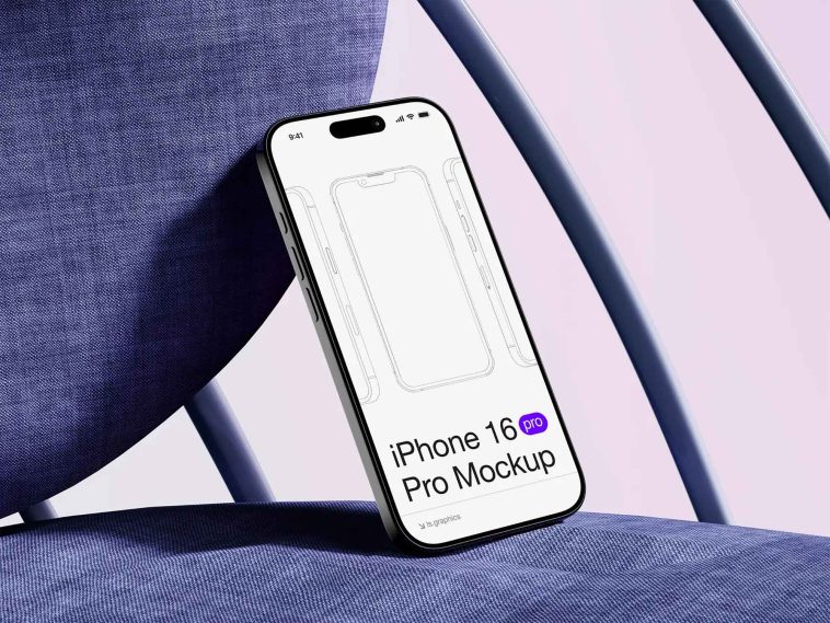 Free iPhone 16 Pro Leaning on Chair Mockup PSD